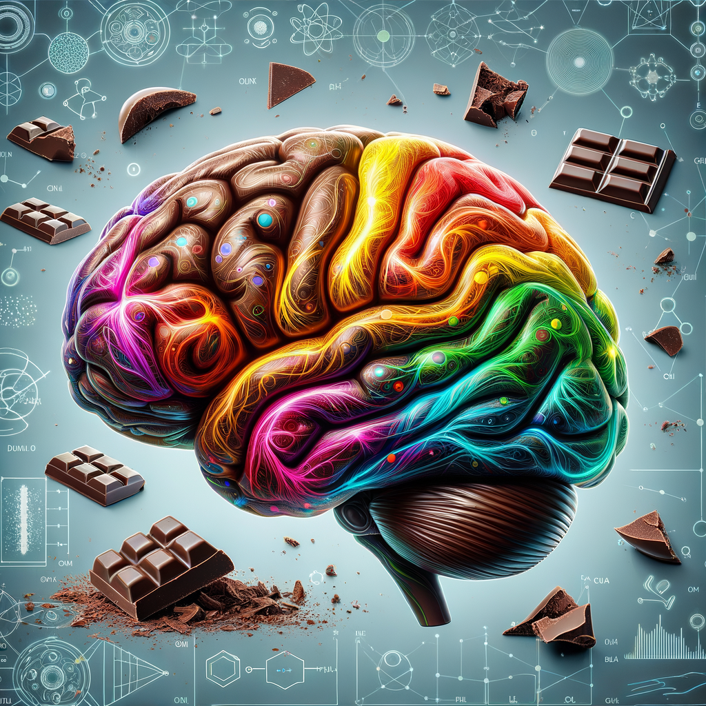 Image of a brain with neural pathways and dark chocolate, highlighting chocolate's cognitive benefits, brain health, and mental performance enhancement.