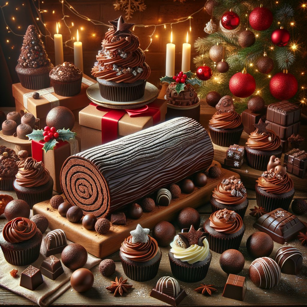 Festive assortment of easy Christmas desserts with chocolate yule logs, truffles, and cupcakes, perfect for holiday gatherings and chocolate lovers.
