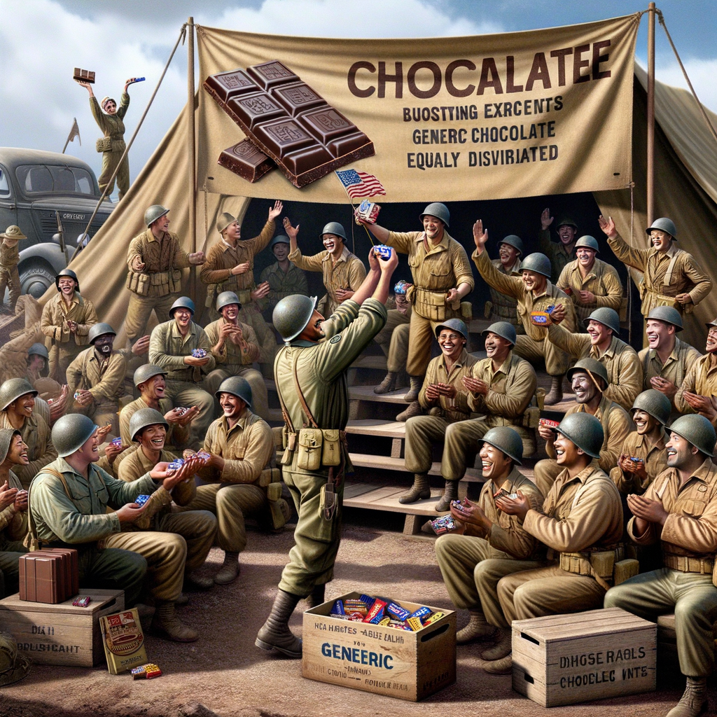 Vintage WWII scene of soldiers receiving chocolate rations with historical chocolate brands, highlighting chocolate's role in boosting wartime morale and its production during the 1940s.