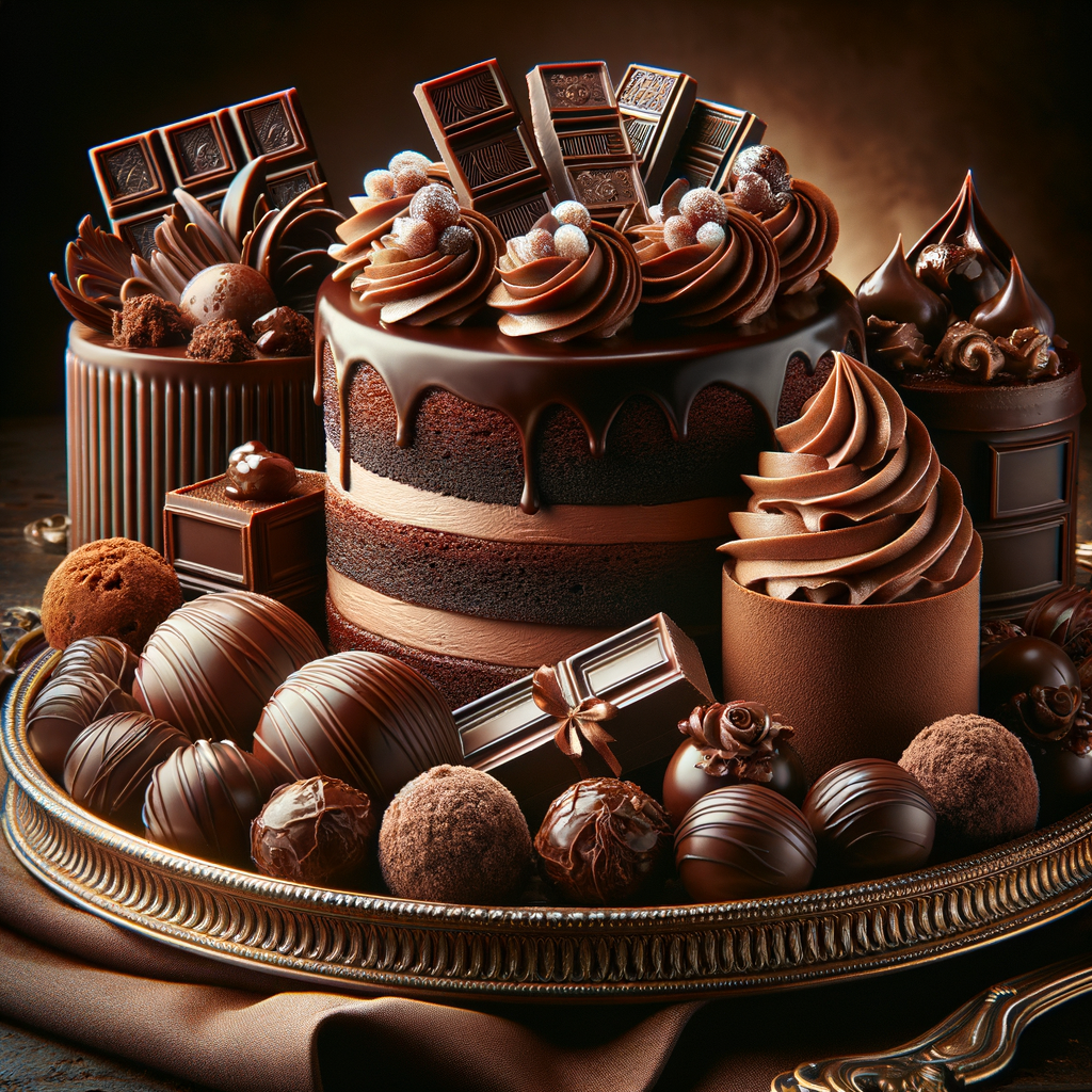 Luxurious assortment of the best chocolate desserts featuring rich cake, velvety mousse, and elegant truffles on an ornate platter, perfect for impressing chocolate lovers with easy decadent chocolate desserts.